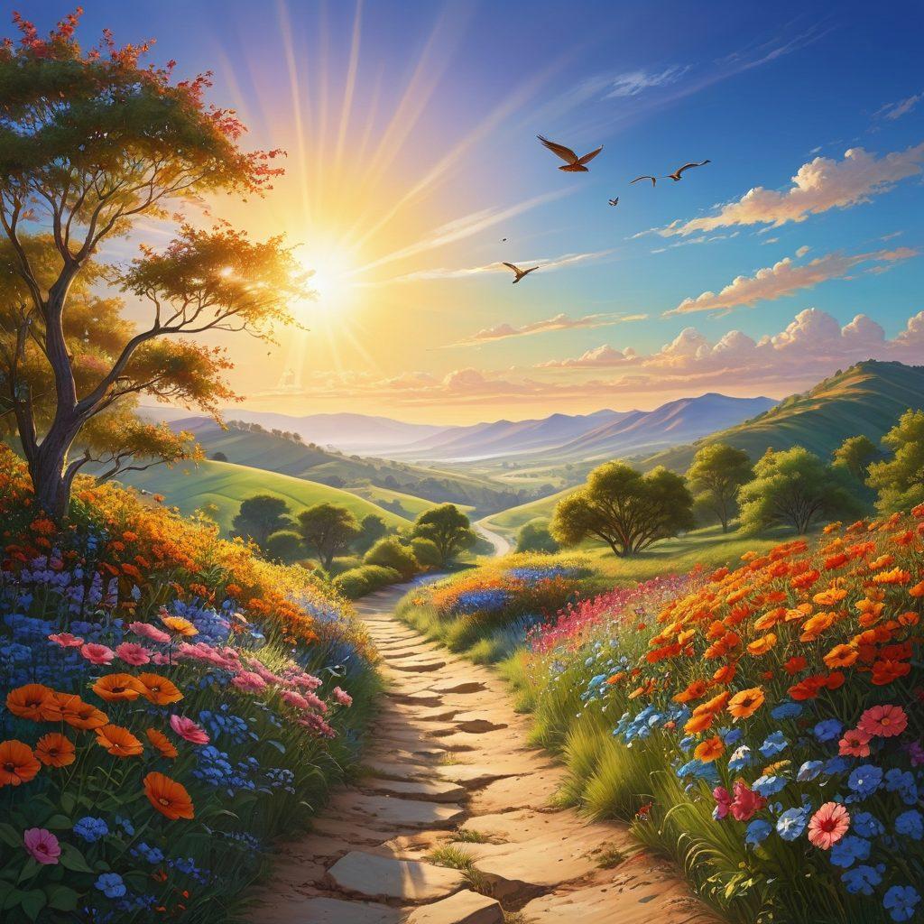 A radiant sun rising over a peaceful landscape, symbolizing joy and satisfaction; vibrant flowers blooming in the foreground, representing growth and positivity; a path leading through the scene, inviting viewers to take practical steps towards happiness; birds soaring freely in the sky, adding a sense of liberation and delight. super-realistic. vibrant colors. serene background.