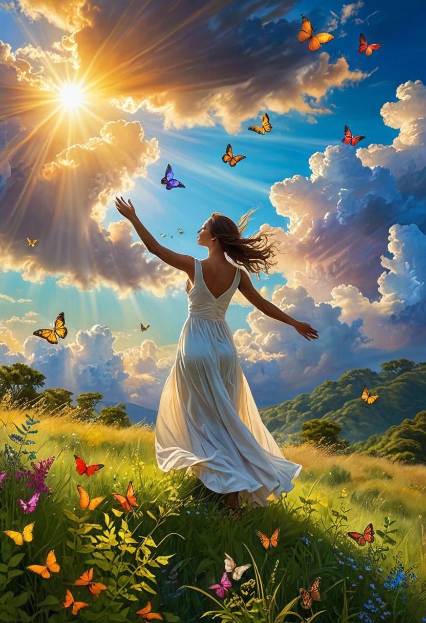 A serene figure standing on a sunlit hilltop, arms wide open to embrace the warm golden rays of joy radiating from a vibrant sky filled with fluffy clouds. Surround the figure with fluttering colorful butterflies symbolizing liberation and happiness, with lush greenery below enhancing the sense of peace. A gentle breeze sways the grass, reflecting a sense of freedom and bliss. evoking feelings of emancipation and celebration. super-realistic. vibrant colors. soft focus.