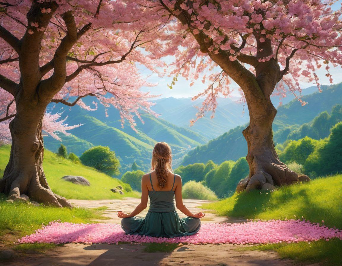 A serene figure meditating under a blooming cherry blossom tree, surrounded by soft glowing lights representing blissful thoughts. In the background, an open path signifying freedom leads through a vibrant landscape of mountains and sunshine. The atmosphere is filled with warmth, positivity, and tranquility. super-realistic. vibrant colors. soft focus.
